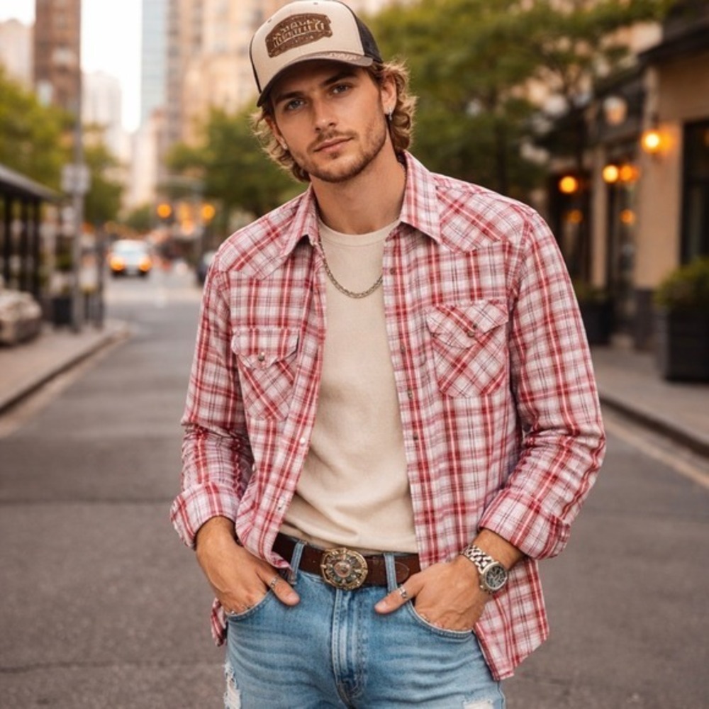 Lucky Brand Western Pearl Snap Mens Shirt XL Long Sleeve Red Plaid Cotton Cowboy
